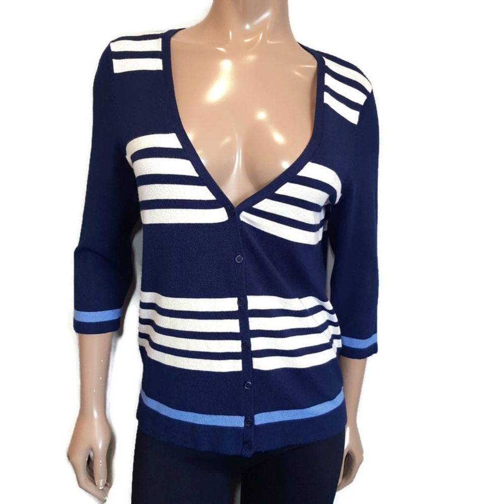 Leo & Nicole Striped Cardigan Sweater Cropped Sleeve Blue Buttoned Knit Small